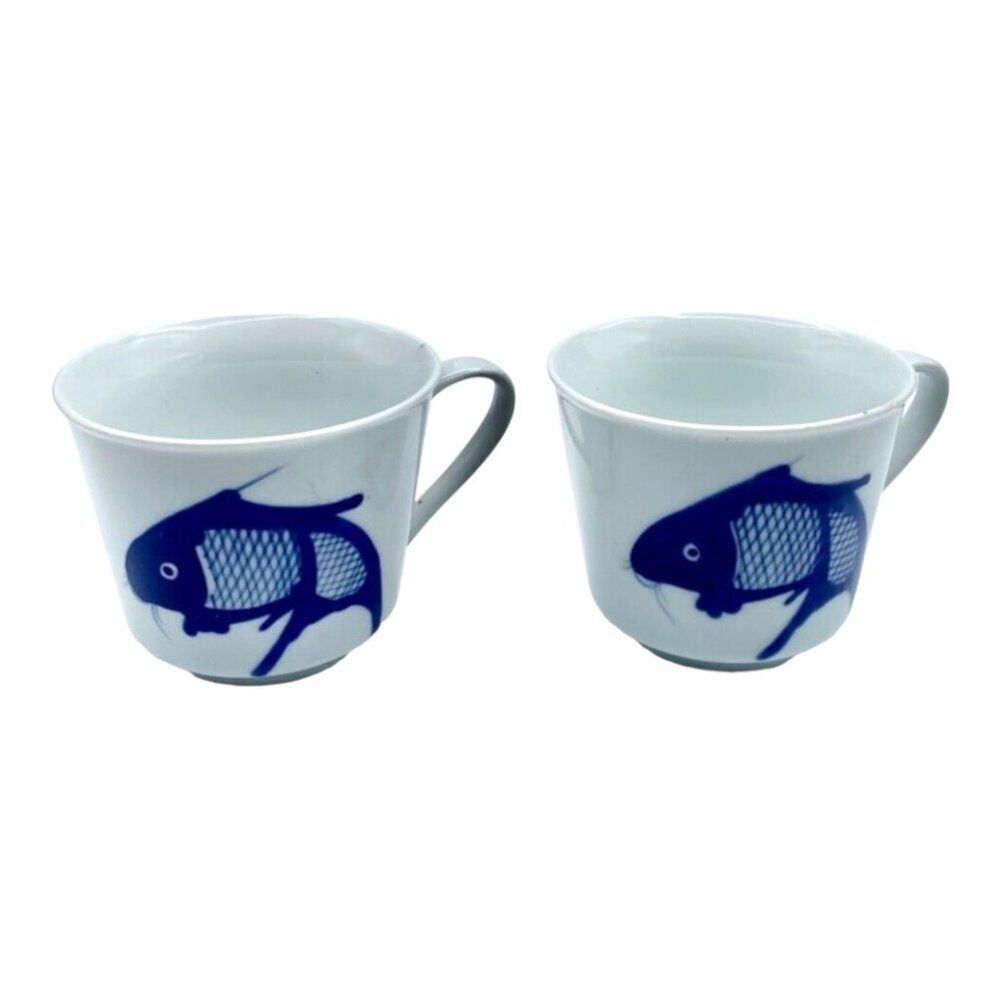2 Blue & White Koi Fish Carp Tea Cups Mugs Hand Painted Porcelain Vintage